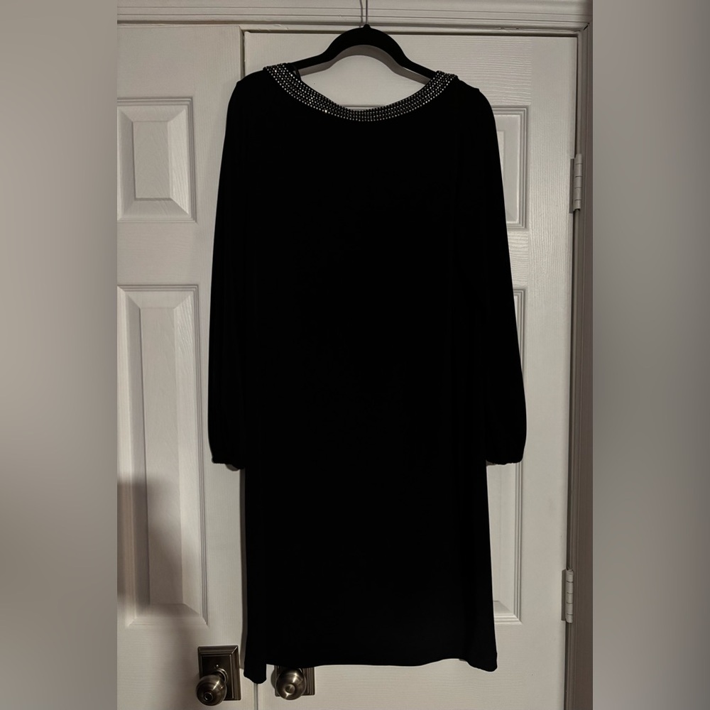 Calvin Klein Black Long Sleeve Dress with Rhinestone Neckline Womens 14W